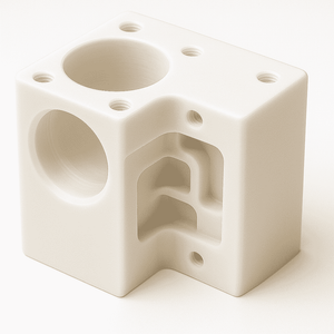 A high-precision, custom CNC-machined component made from biocompatible white ABS for a medical diagnostic device, showcasing tight-tolerance holes and a smooth surface finish.