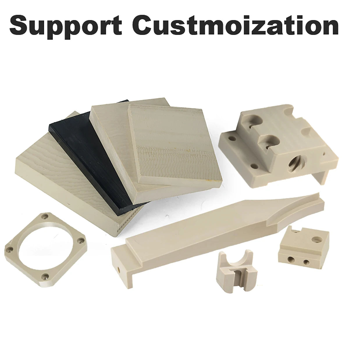PEEK boards in 50×50mm and 150×200mm sizes, cut-to-size PEEK sheets for CNC machining
