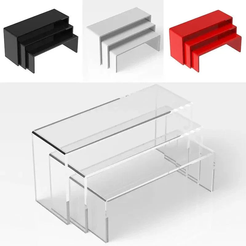 Red acrylic riser stands for perfume bottles, cosmetics, and small items