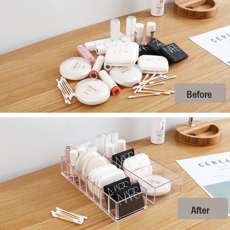 8-grid clear acrylic organizer for makeup, jewelry, and cotton pads