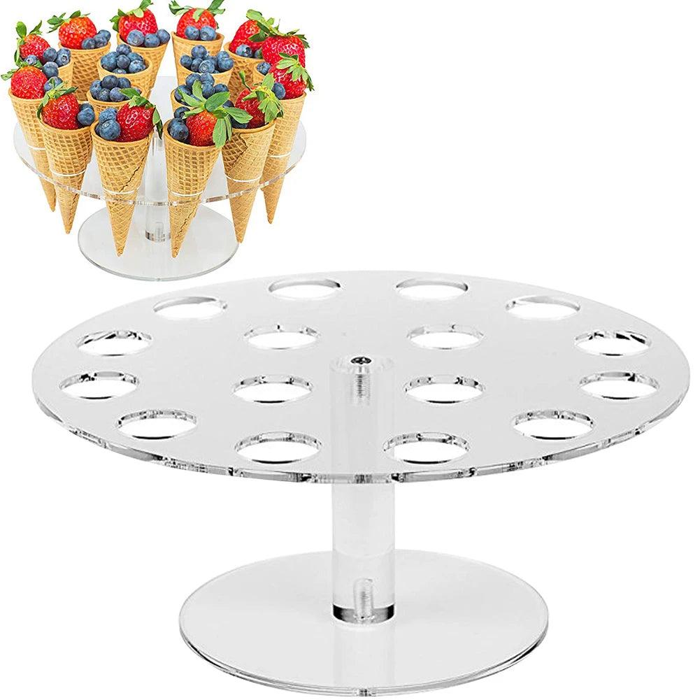 Acrylic ice cream cone stand displayed on a wedding dessert table